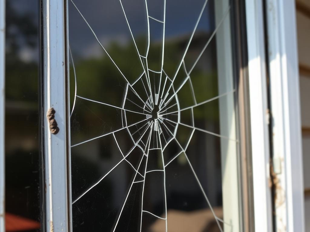 Cracked window pane with spider-web fracture in an aluminum frame on a Broward home before glass replacement