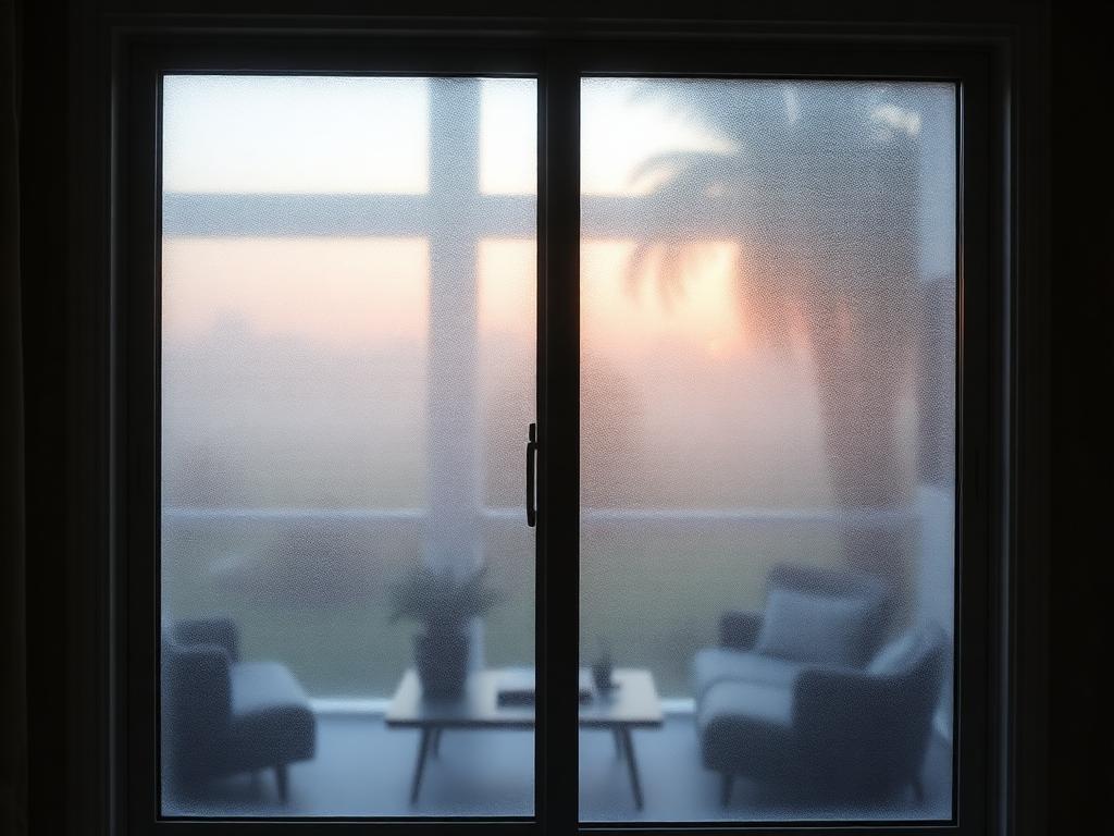 Foggy double-pane window with condensation trapped between the glass layers, seen from inside a living room