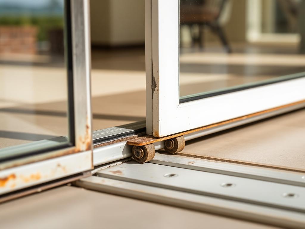 Worn rollers and a bent bottom track under a sliding glass patio door before repair