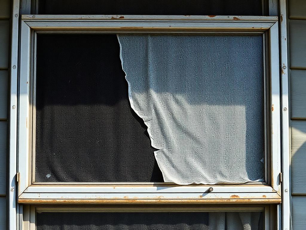 Torn window screen mesh hanging from a weathered metal screen frame