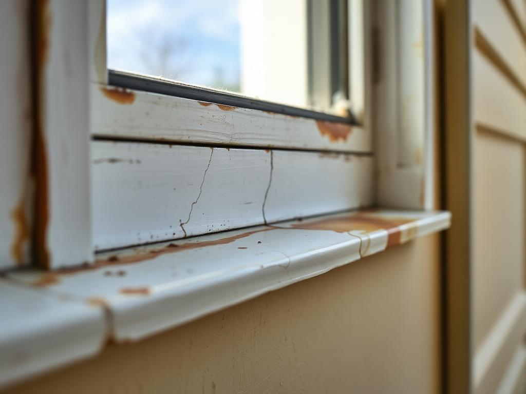 Window sill with cracked dried caulking, peeling paint, and water staining